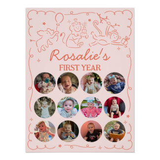 Póster Colagem de Fotos do Primeiro Aniversário da Menina