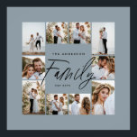 Poster Colagem de fotos mínima elegante e azul da família<br><div class="desc">Escrito familiar elegante e mínimo empoeirado colagem de fotos personalizada simples colagem de linhas limpas impressão de presente da família.</div>