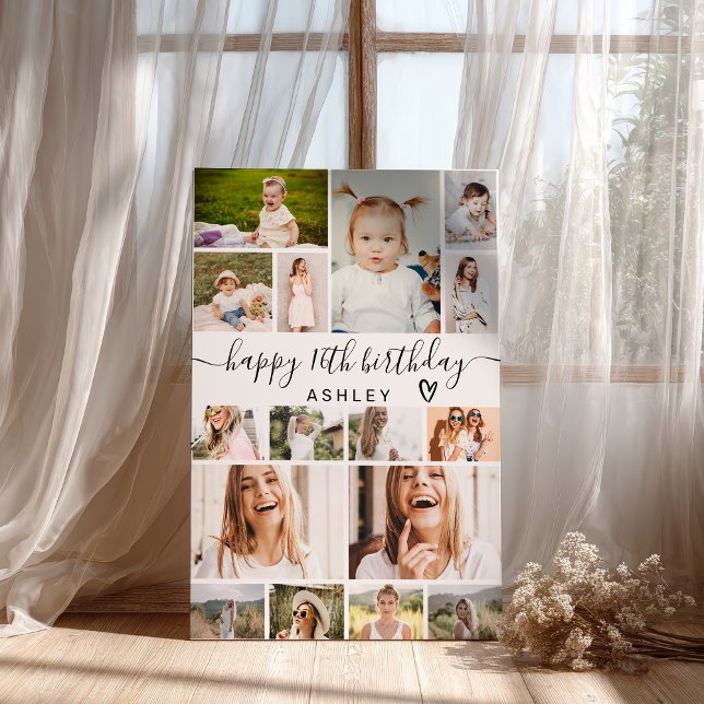 Poster Colagem de Fotos Moderna Simples Birthday 16 (Modern Simple Birthday 16 Photo Grid Collage Poster)