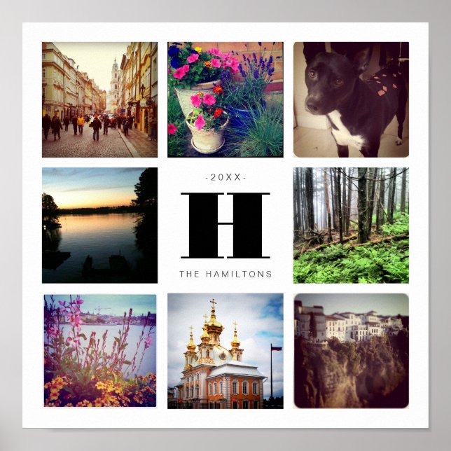 Poster Colagem de Fotos Oito Quadrados com Monograma da F (Frente)