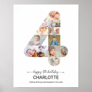 Poster Colagem de Fotos Personalizadas Número 4 Aniversár