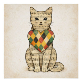 Póster Colagem de Gato Musical com Coração de Harlequim