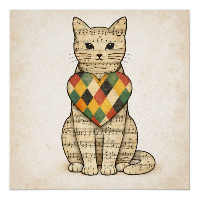 Póster Colagem de Gato Musical com Coração de Harlequim (Frente)