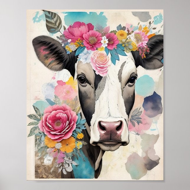 Poster Colagem de Mídia Mistura Floral de Retrato de Vaca (Frente)