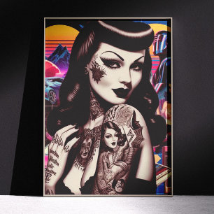 Póster Colagem de Pin-up Tatuada Retrowave