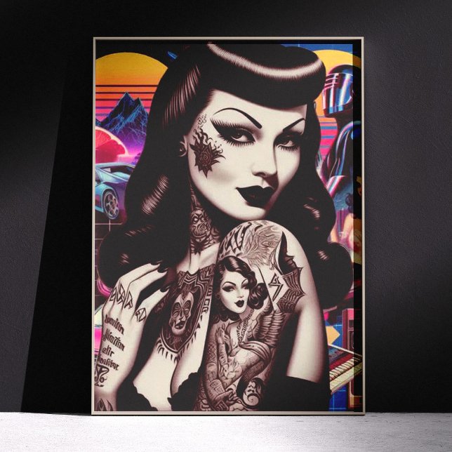 Póster Colagem de Pin-up Tatuada Retrowave (Criador carregado)
