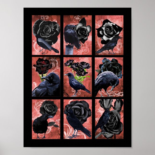 Poster Colagem de rosas negros e corvos de arte gótica (Frente)