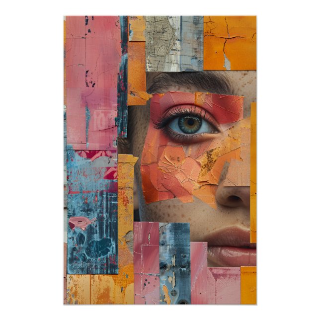 Póster Colagem de Rosto com Tinta Rachada Retrato Vibrant (Frente)