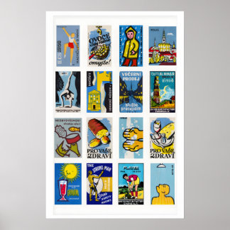 Poster Colagem de rótulo de caixa de fósforos azul e amar