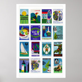 Poster Colagem de rótulo de caixa de fósforos azul e verd