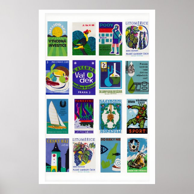 Poster Colagem de rótulo de caixa de fósforos azul e verd (Frente)