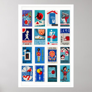 Poster Colagem de rótulo de caixa de fósforos azul e verm