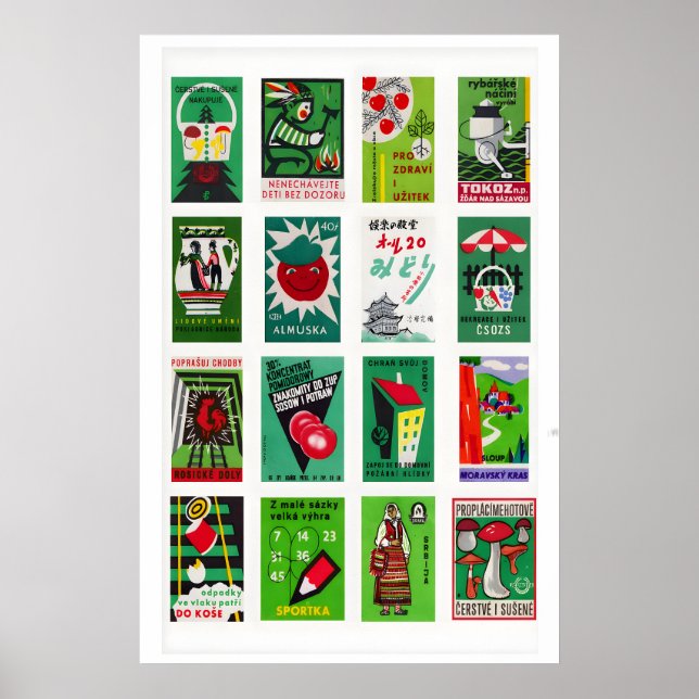 Poster Colagem de rótulo de caixa de fósforos verde e ver (Frente)