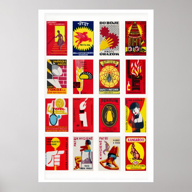 Poster Colagem de rótulo de caixa de fósforos vermelho e  (Frente)