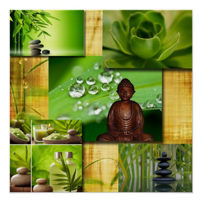 Póster Colagem de Serenidade Verde Zen & Buddha (Frente)