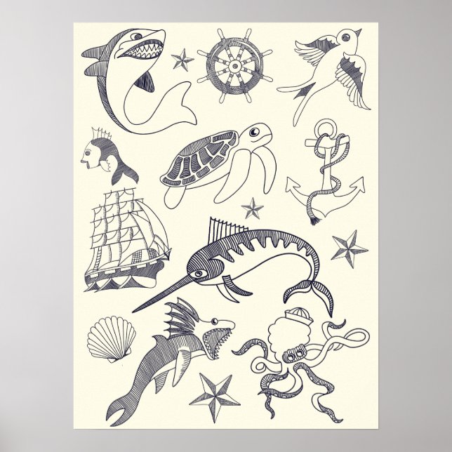 Poster Colagem de Tatuagens do Velho Marinheiro Náutico (Frente)