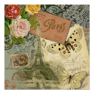 Póster Colagem de Viagem da Vintage Eiffel Tower Paris Fr