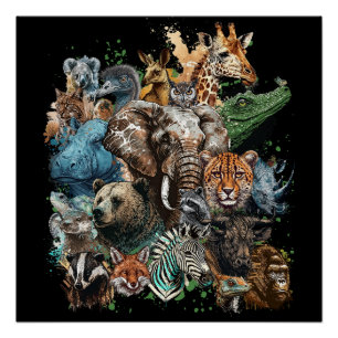 Póster Colagem de Vida Selvagem com Aquarela