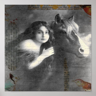 Póster Colagem Digital de Lady e Cavalo Vintage