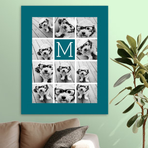Póster Colagem do Instagram com Monograma Azul Personaliz