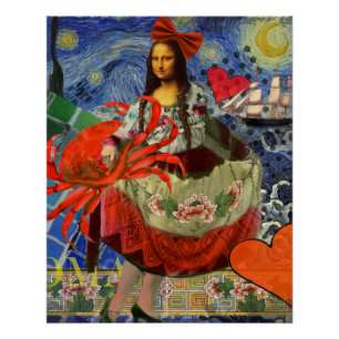 Póster Colagem Noite Estrelada da Mona Lisa: Surrealismo
