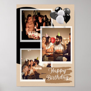Poster Colagem personalizada de 3 fotos Feliz Aniversário