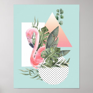 Poster Colagem tropical Flamingo Watercolor, cor-de-rosa