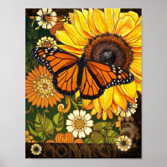 Poster Colagem Vintage Borboleta Monarca e Girassol (Frente)