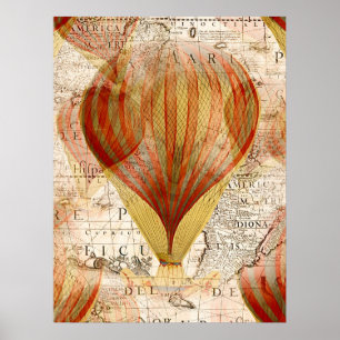 Poster Colagem Vitoriana Steampunk de Balões de Ar Quente