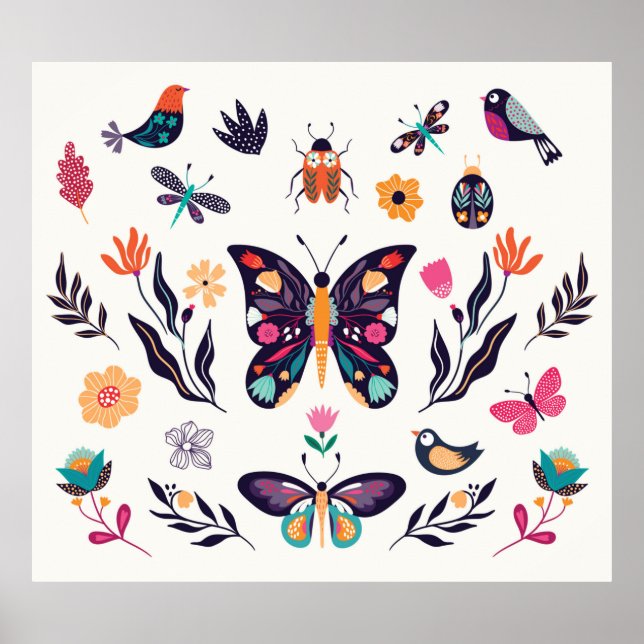 Poster Coleção à mão de elementos de primavera de verão w (Frente)