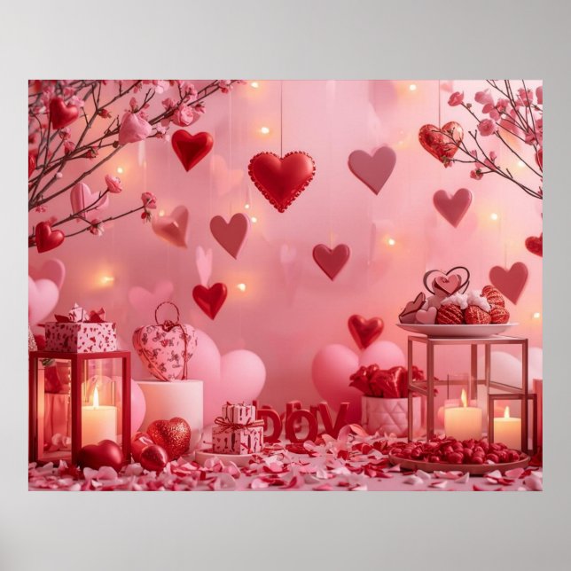 Poster Coleção de Corações Rosa e Vermelho em uma Parede  (Frente)
