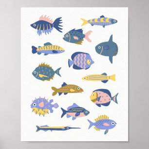Poster Coleção de peixes bonitos desenhados à mão