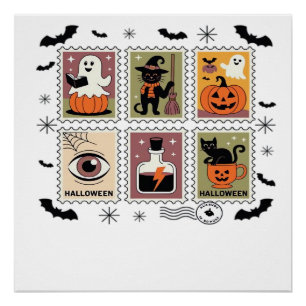 Póster Coleção de Selos de Correio de Gato de Halloween V