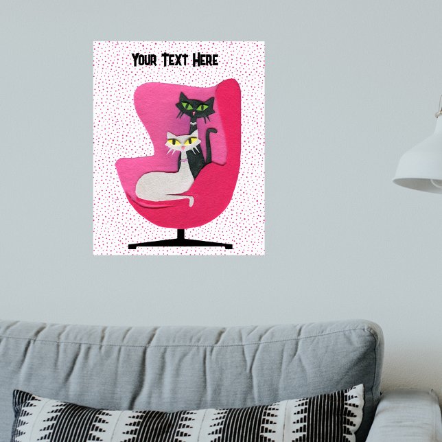 Poster Coleiras de diamantes de gatos elegantes em pontos (Elegant cats diamond collars in mid century pink chair on white with pink dots artwork poster.)