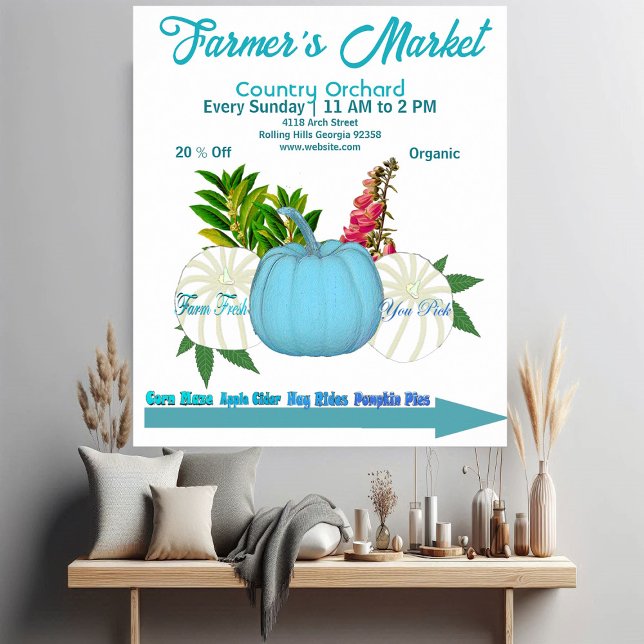 Poster Colheita Azul Branca Do Mercado De Agricultores (Farmers Market Fall Pumpkins White Blue Harvest Poster)