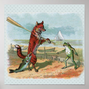 Póster colheita de raposa e sapo em atividade de pesca