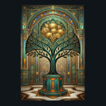 Poster Colheita Dourada Art Déco Árvore Frutífera Ouro Ve<br><div class="desc">Celebre a abundância e o luxo com esta requintada ilustração Art Déco. Esta peça apresenta a silhueta estilizada de uma árvore que ostenta uma magnífica colheita de frutos geométricos dourados, incluindo romãs, cítricos e uvas. A árvore está perfeitamente centrada dentro de uma grandiosa arcada arquitetônica, exibindo intrincados padrões em azul-turquesa...</div>