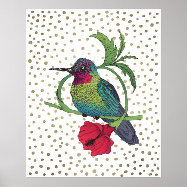 Poster Colibri Bird Ilustração Dourada de Pontos de Bronz (Frente)