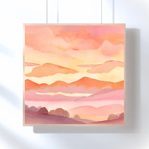 Poster Colinas de Aquarela do Pôr do Sol Pintura do Céu