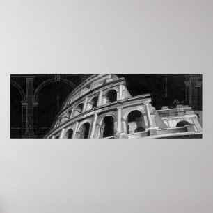 Póster Coliseu romano com desenhos arquitetônicos