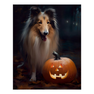 Póster Collie Áspero de Halloween com Abóboras Assustador