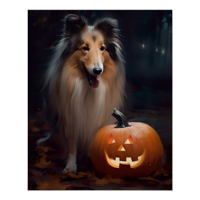 Póster Collie Áspero de Halloween com Abóboras Assustador (Frente)