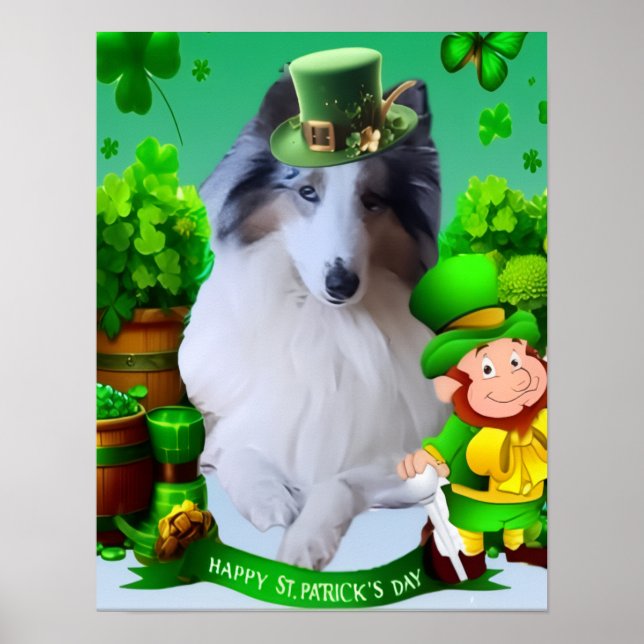 Poster Collie Branco Áspero celebrando o Dia de São Patrí (Frente)