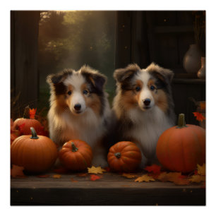 Póster Collie Puppy Autumn Delight Pumpkin