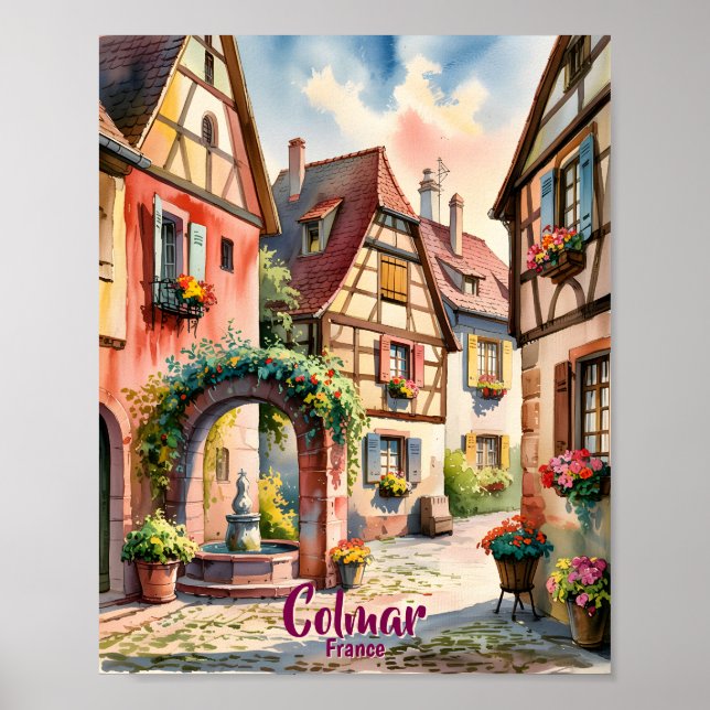 Poster Colmar France Alsace Watercolor Travel Custom Text (Frente)