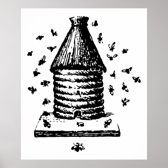 Póster Colmeia e Abelhas Pretas e Brancas da Vintage (Frente)