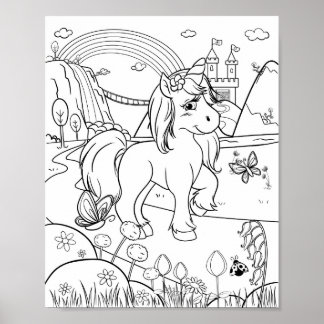 Poster Coloração de Crianças de Unicornos Cutes