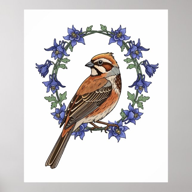 Poster Colorado Lark Bunting Bird Surrounded By Columbine (Frente)