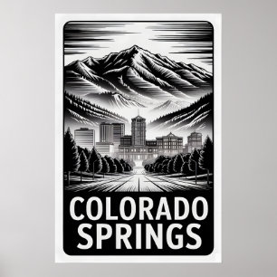 Poster Colorado Springs Colorado Preto Branco Xilogravura