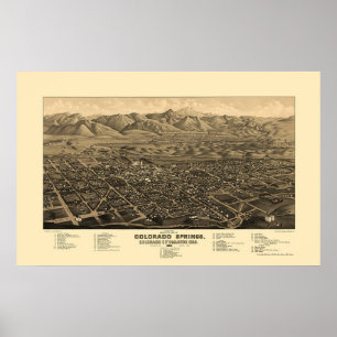 Póster Colorado Springs, mapa panorâmico do CO - 1882